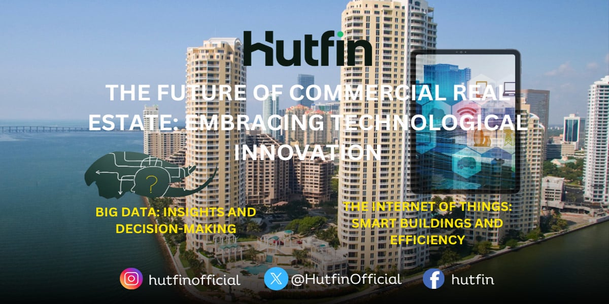 Promotional graphic showing high-rise buildings, Hutfin branding, and text about big data and IoT in commercial real estate.